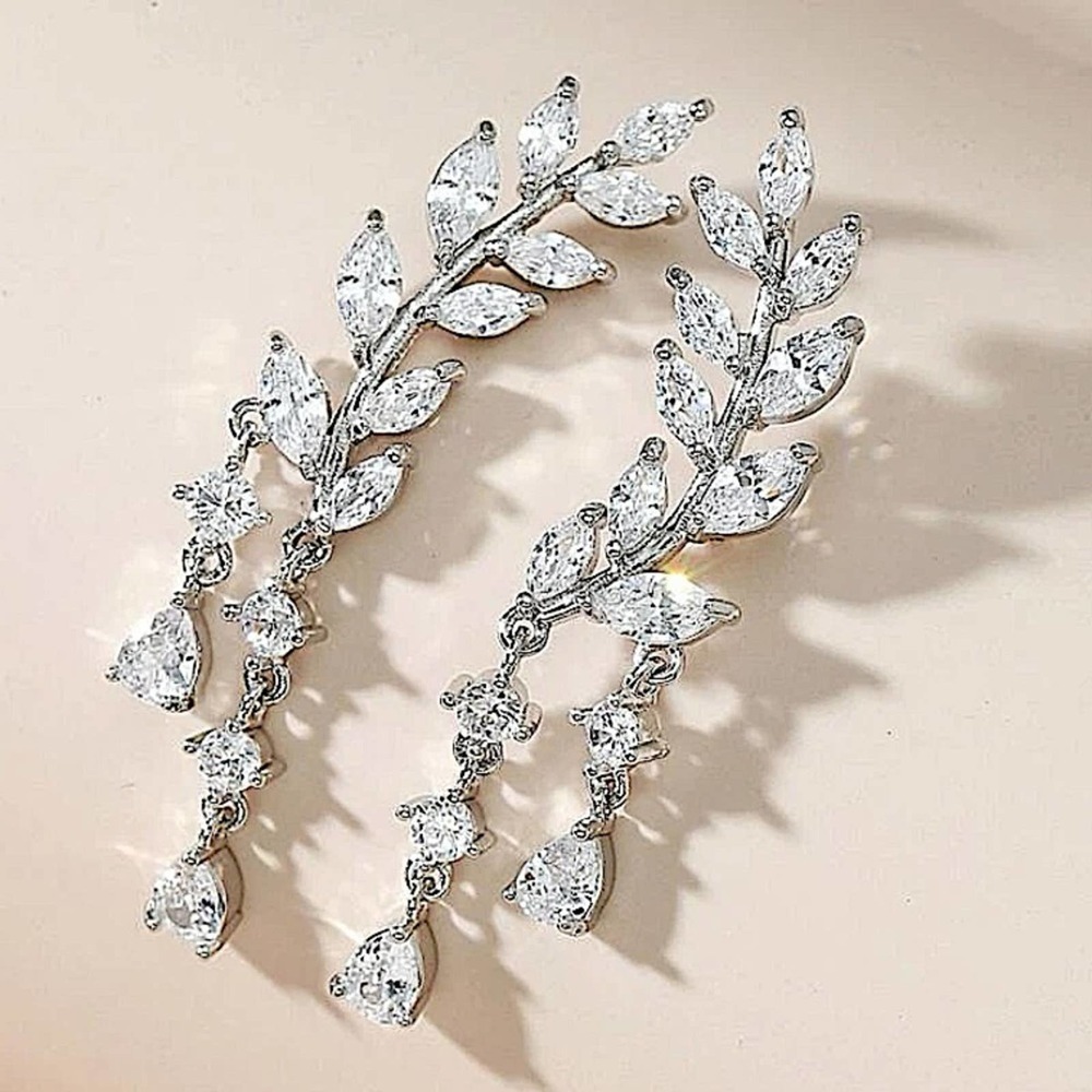 Silver Zircon Leaf Tassel Crystal Rhinestone Ear Climber Earrings - Picture 2 of 5